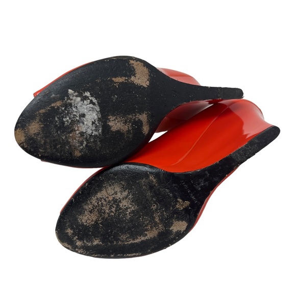 Jimmy Choo Patent Leather Orange Red Wedge Peep Toe Heels - Picture 8 of 9